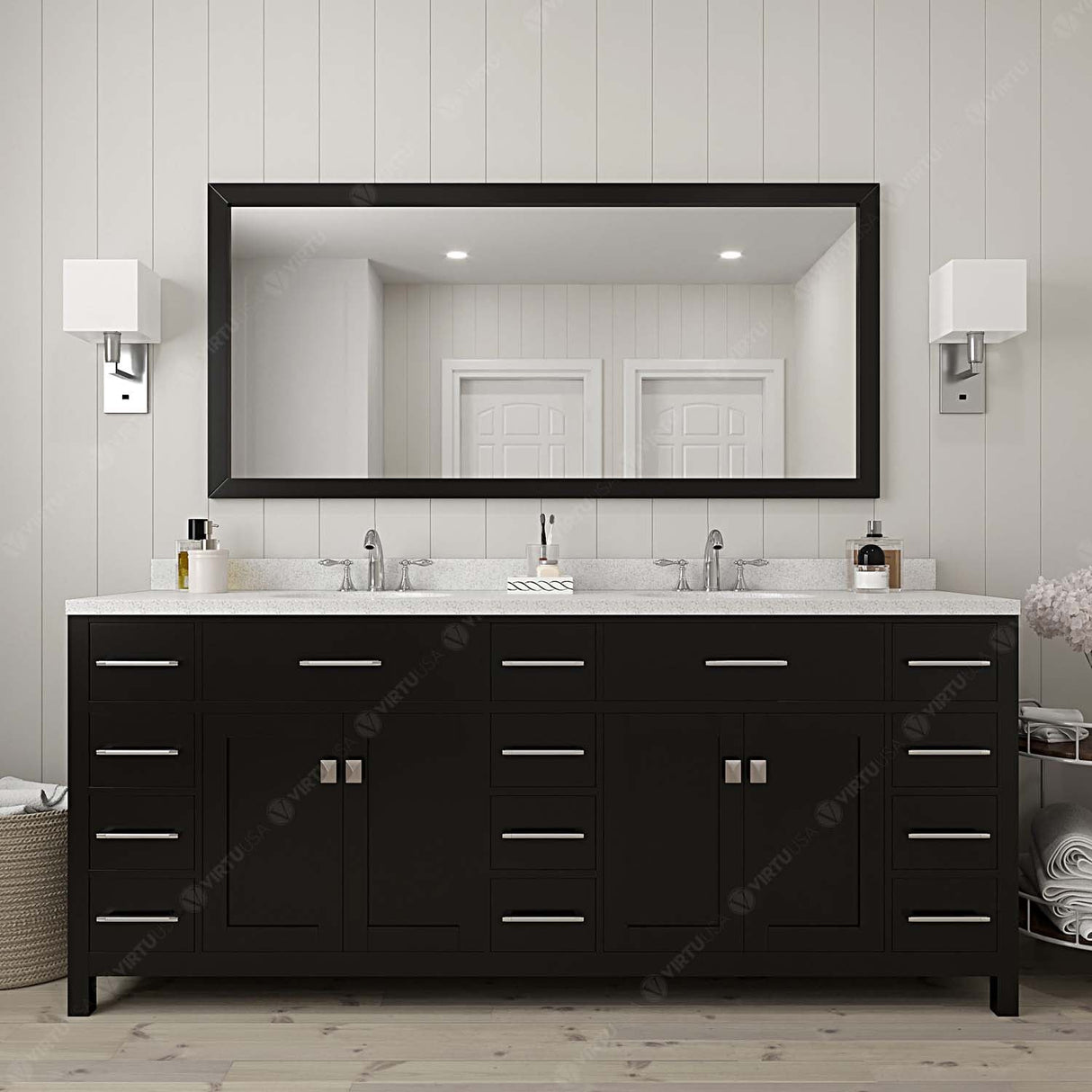 Virtu USA Caroline Parkway 78" Double Bath Vanity with Dazzle White Quartz Top and Round Sinks with Brushed Nickel Faucets with Matching Mirror