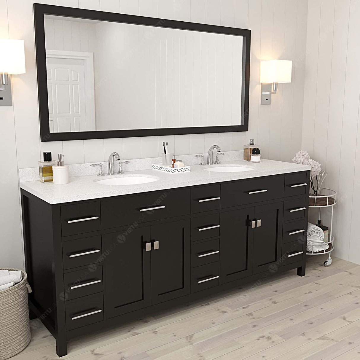 Virtu USA Caroline Parkway 78" Double Bath Vanity with Dazzle White Quartz Top and Round Sinks with Brushed Nickel Faucets with Matching Mirror