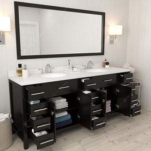 Virtu USA Caroline Parkway 78" Double Bath Vanity with Dazzle White Quartz Top and Round Sinks with Matching Mirror