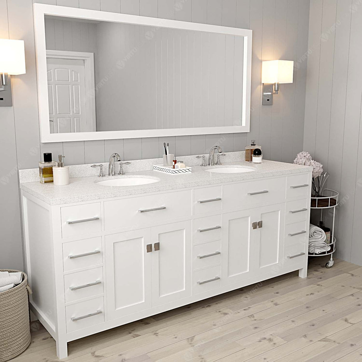 Virtu USA Caroline Parkway 78" Double Bath Vanity with Dazzle White Quartz Top and Round Sinks with Brushed Nickel Faucets with Matching Mirror