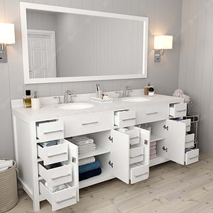 Virtu USA Caroline Parkway 78" Double Bath Vanity with Dazzle White Quartz Top and Round Sinks with Matching Mirror