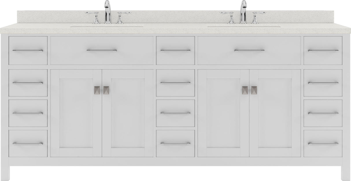 Virtu USA Caroline Parkway 78" Double Bath Vanity with Dazzle White Quartz Top and Round Sinks with Polished Chrome Faucets with Matching Mirror