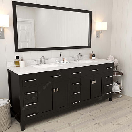 Virtu USA Caroline Parkway 78" Double Bath Vanity with Dazzle White Quartz Top and Square Sinks with Polished Chrome Faucets with Matching Mirror