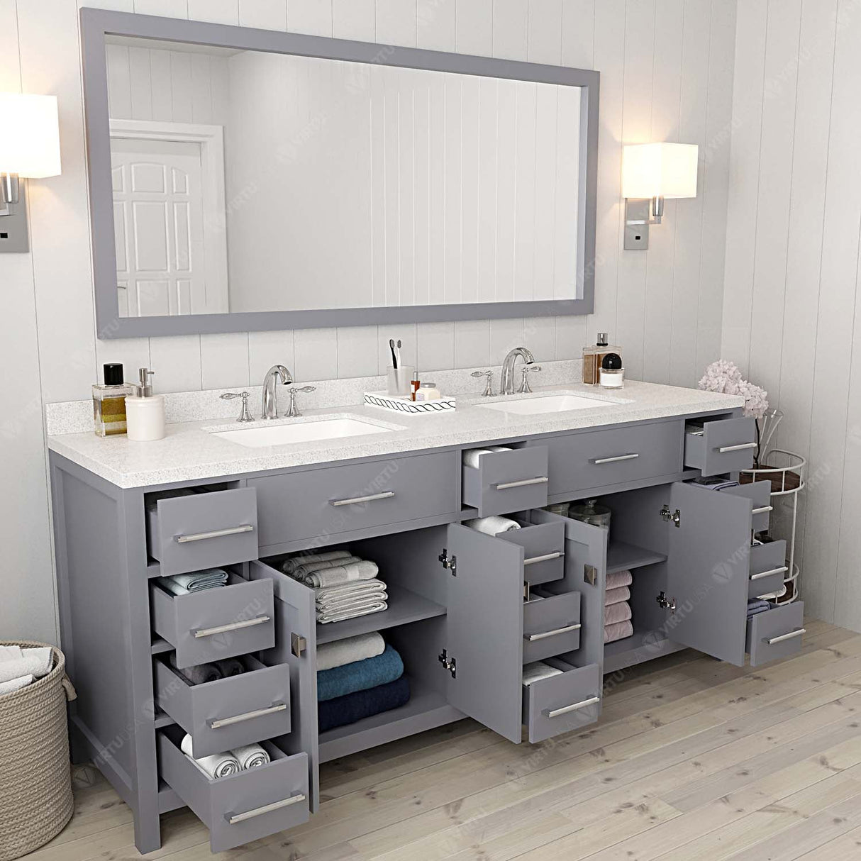 Virtu USA Caroline Parkway 78" Double Bath Vanity with Dazzle White Quartz Top and Square Sinks with Brushed Nickel Faucets with Matching Mirror