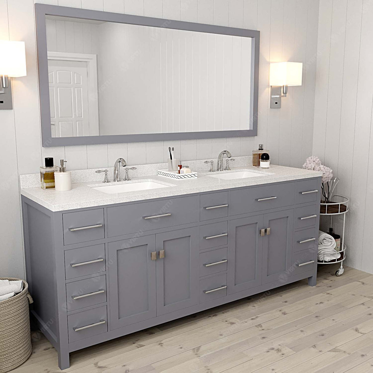 Virtu USA Caroline Parkway 78" Double Bath Vanity with Dazzle White Quartz Top and Square Sinks with Polished Chrome Faucets with Matching Mirror
