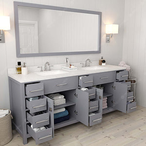 Virtu USA Caroline Parkway 78" Double Bath Vanity with Dazzle White Quartz Top and Square Sinks with Polished Chrome Faucets with Matching Mirror