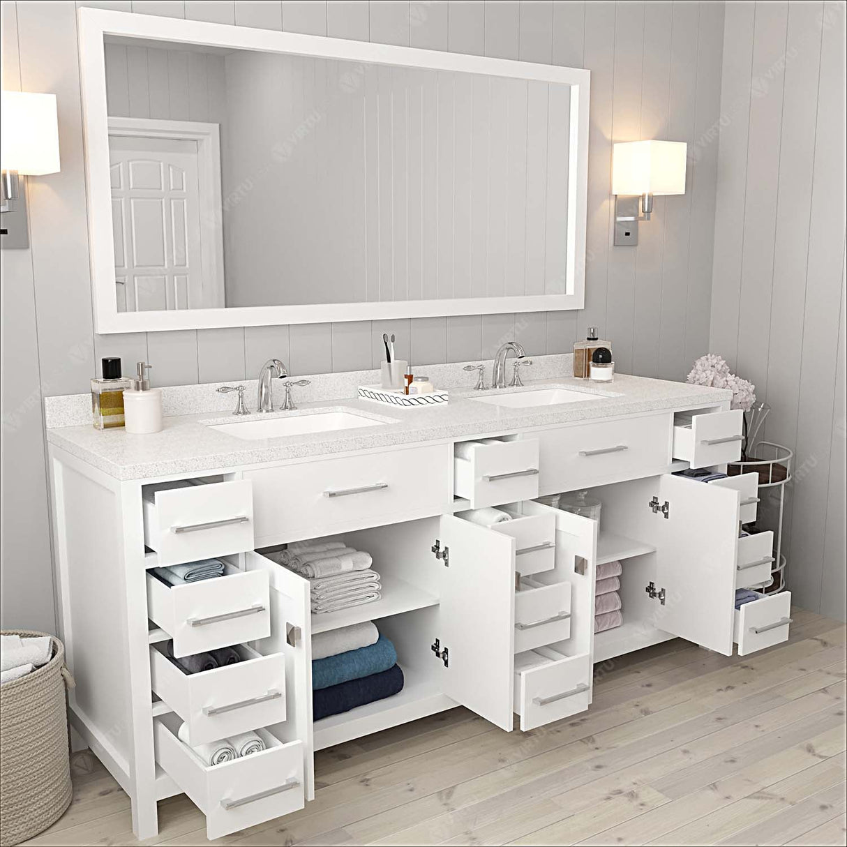 Virtu USA Caroline Parkway 78" Double Bath Vanity with Dazzle White Quartz Top and Square Sinks with Brushed Nickel Faucets with Matching Mirror