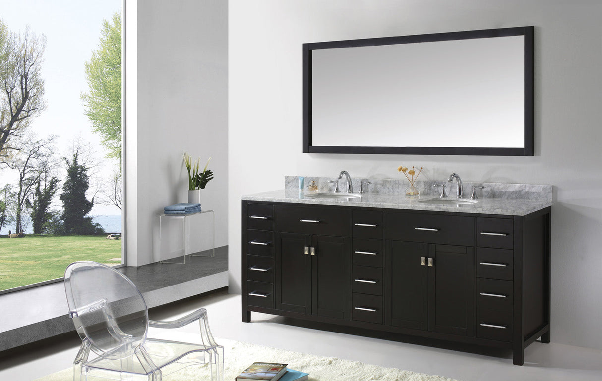 Virtu USA Caroline Parkway 78" Double Bath Vanity with White Marble Top and Round Sinks with Polished Chrome Faucets with Matching Mirror