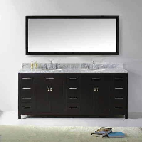 Virtu USA Caroline Parkway 78" Double Bath Vanity with White Marble Top and Round Sinks with Matching Mirror