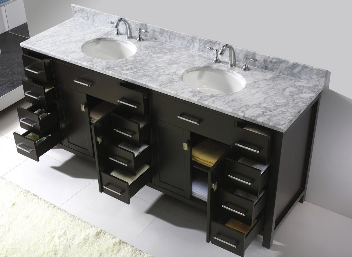 Virtu USA Caroline Parkway 78" Double Bath Vanity with White Marble Top and Round Sinks with Matching Mirror