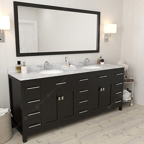 Virtu USA Caroline Parkway 78" Double Bath Vanity with White Marble Top and Round Sinks with Brushed Nickel Faucets with Matching Mirror
