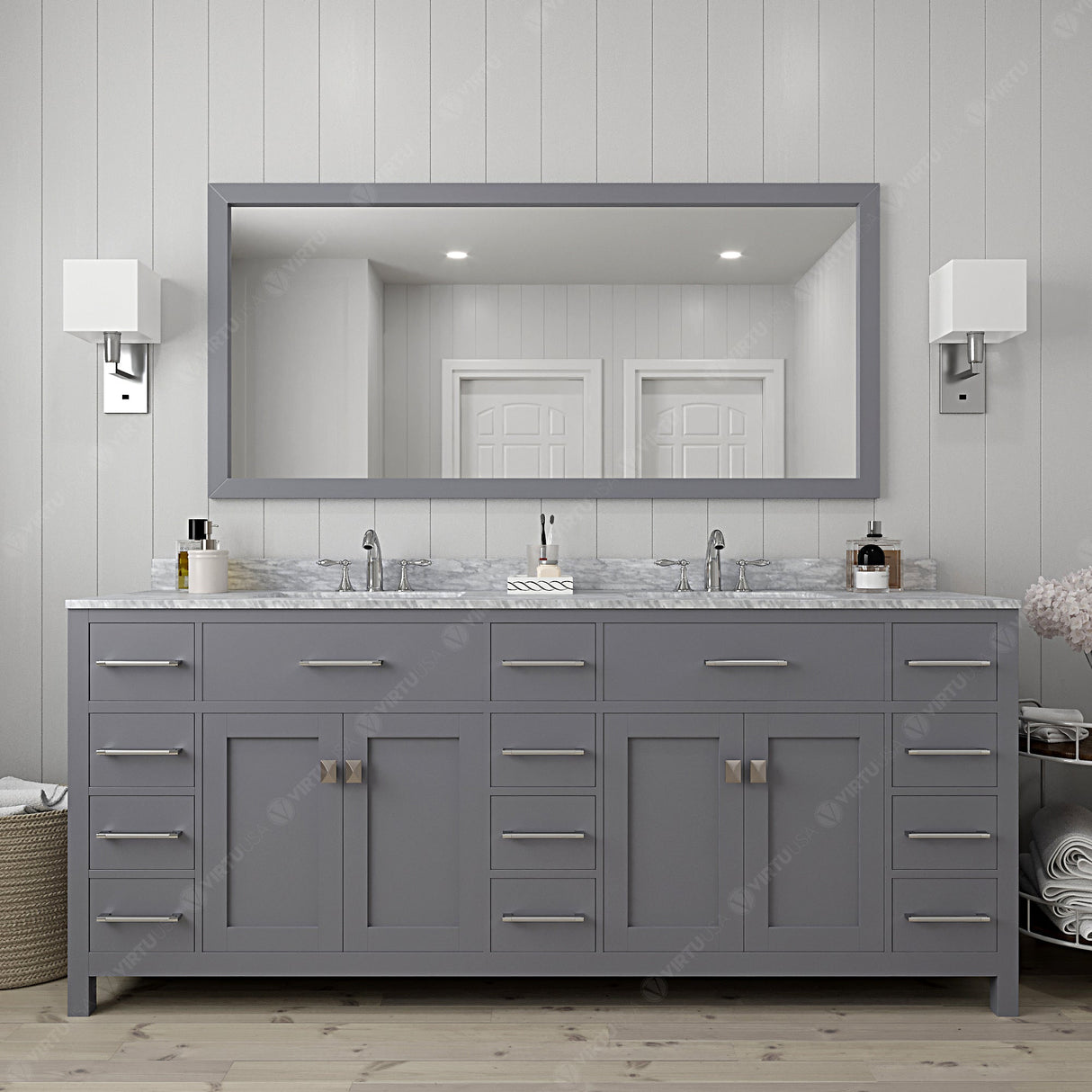 Virtu USA Caroline Parkway 78" Double Bath Vanity with White Marble Top and Round Sinks with Matching Mirror