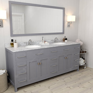 Virtu USA Caroline Parkway 78" Double Bath Vanity with White Marble Top and Round Sinks with Brushed Nickel Faucets with Matching Mirror