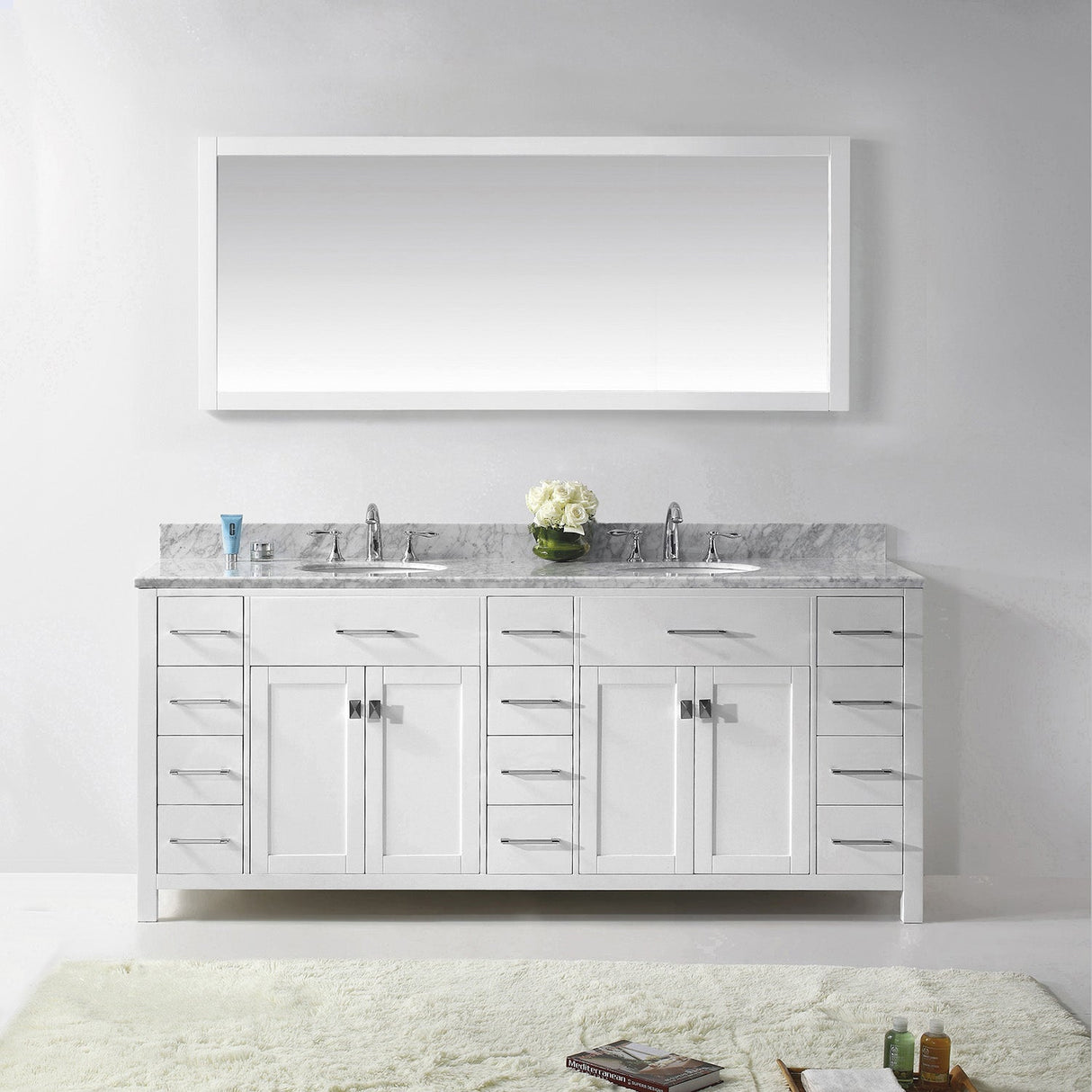 Virtu USA Caroline Parkway 78" Double Bath Vanity with White Marble Top and Round Sinks with Polished Chrome Faucets with Matching Mirror