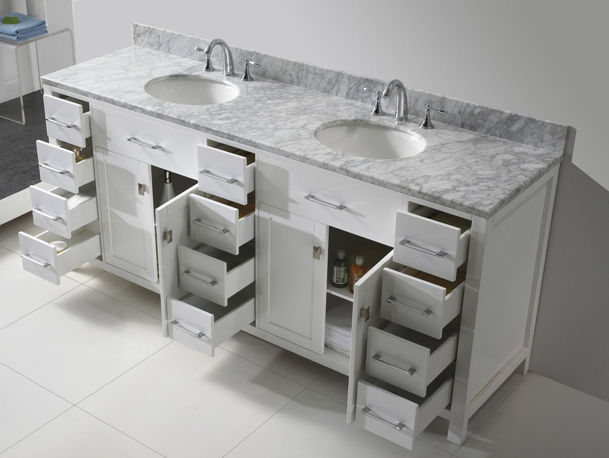 Virtu USA Caroline Parkway 78" Double Bath Vanity with White Marble Top and Round Sinks with Polished Chrome Faucets with Matching Mirror