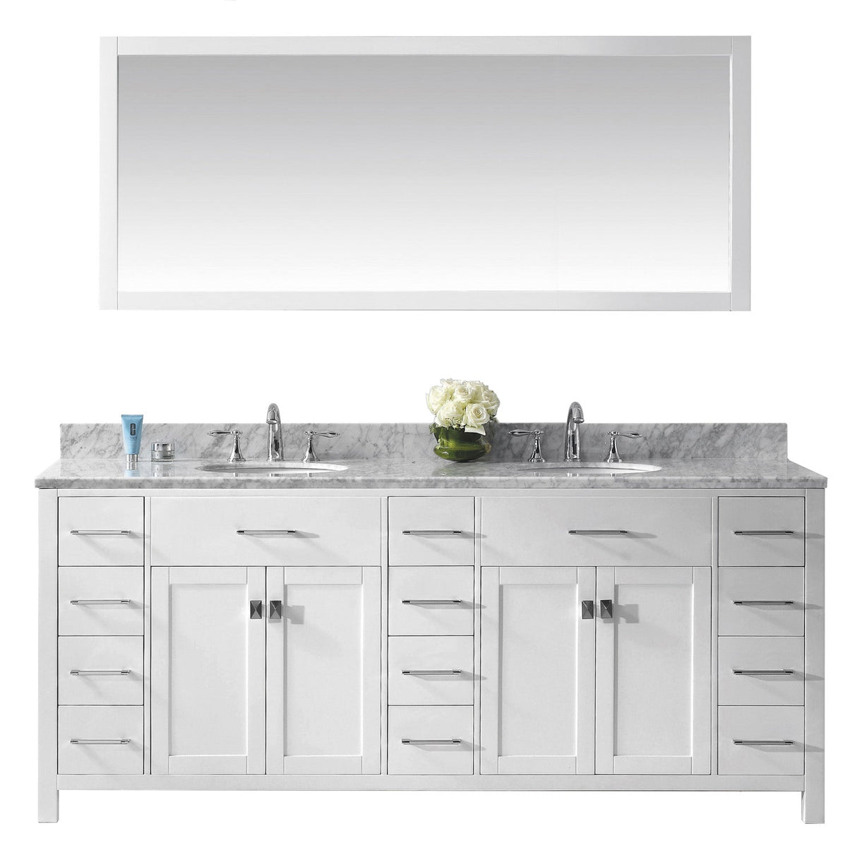 Virtu USA Caroline Parkway 78" Double Bath Vanity with Marble Top and Round Sink with Mirror - Luxe Bathroom Vanities