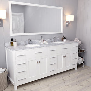 Virtu USA Caroline Parkway 78" Double Bath Vanity with White Marble Top and Round Sinks with Brushed Nickel Faucets with Matching Mirror