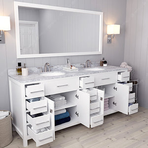 Virtu USA Caroline Parkway 78" Double Bath Vanity with White Marble Top and Round Sinks with Brushed Nickel Faucets with Matching Mirror
