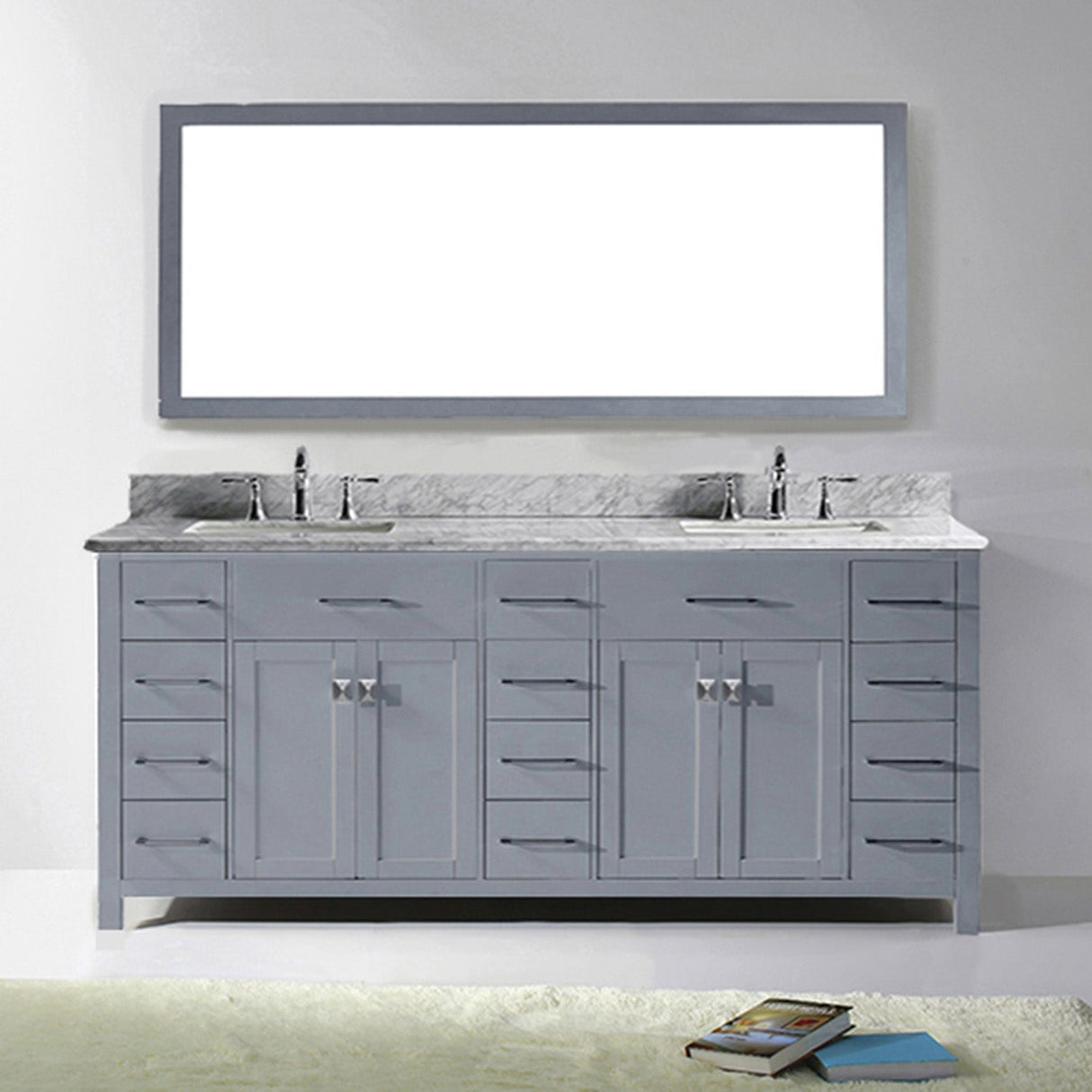 Virtu USA Caroline Parkway 78" Double Bath Vanity with White Marble Top and Square Sinks with Brushed Nickel Faucets with Matching Mirror