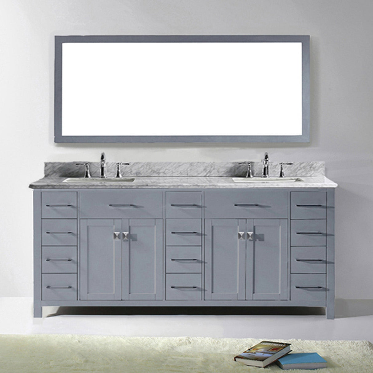 Virtu USA Caroline Parkway 78" Double Bath Vanity with White Marble Top and Square Sinks with Polished Chrome Faucets with Matching Mirror