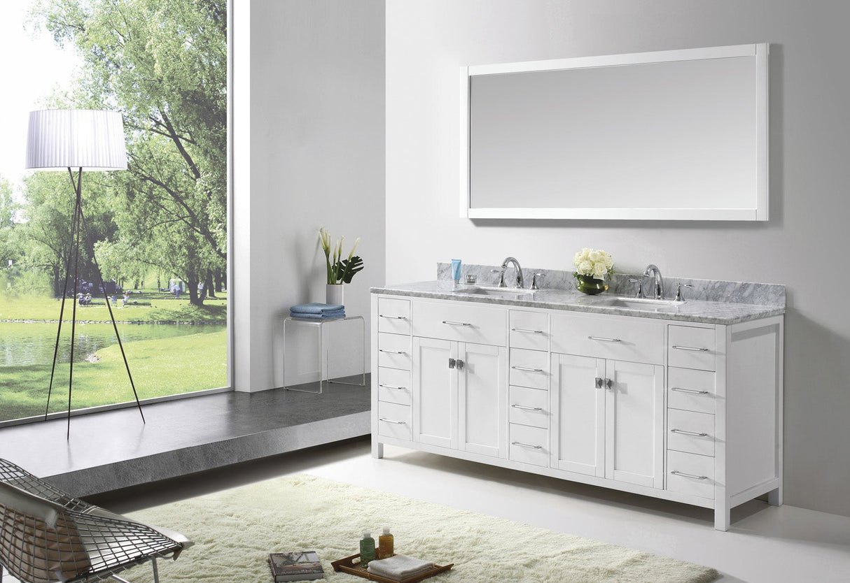 Virtu USA Caroline Parkway 78" Double Bath Vanity with White Marble Top and Square Sinks with Brushed Nickel Faucets with Matching Mirror