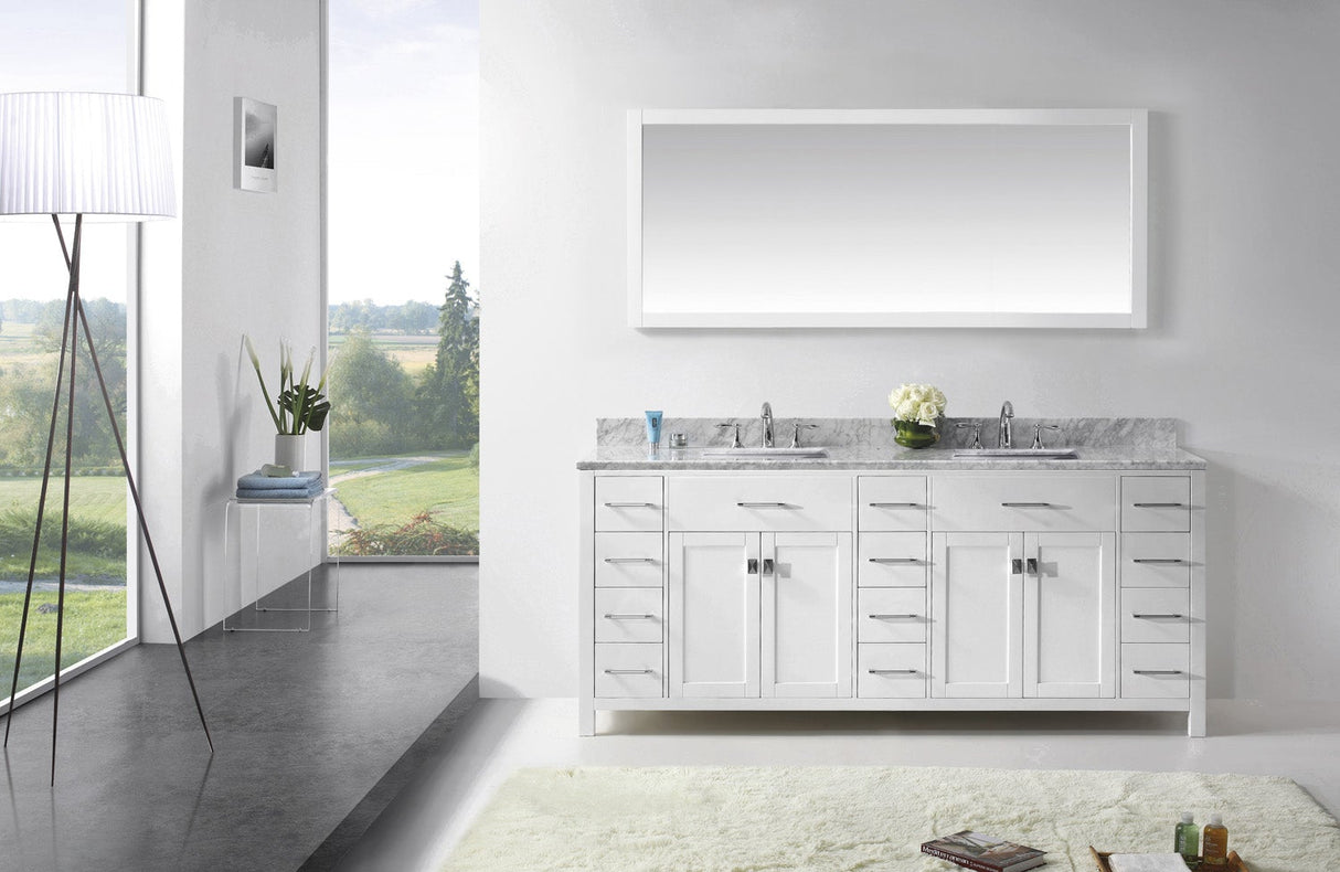 Virtu USA Caroline Parkway 78" Double Bath Vanity with White Marble Top and Square Sinks with Polished Chrome Faucets with Matching Mirror
