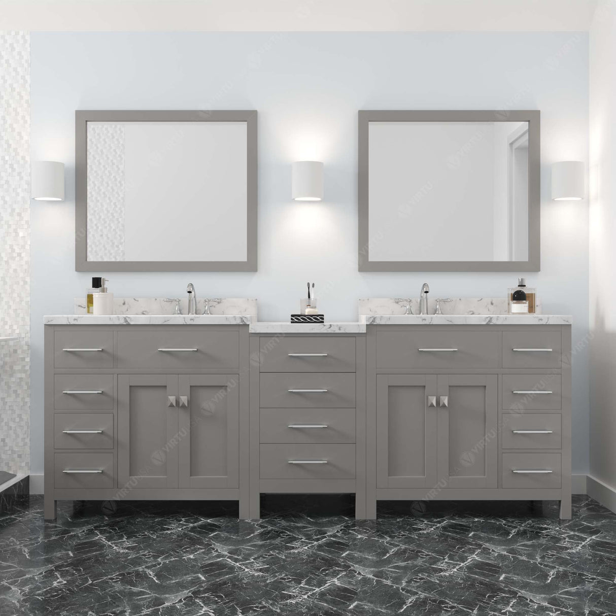 Virtu USA Caroline Parkway 93" Double Bath Vanity with White Quartz Top and Round Sinks with Polished Chrome Faucets with Matching Mirror