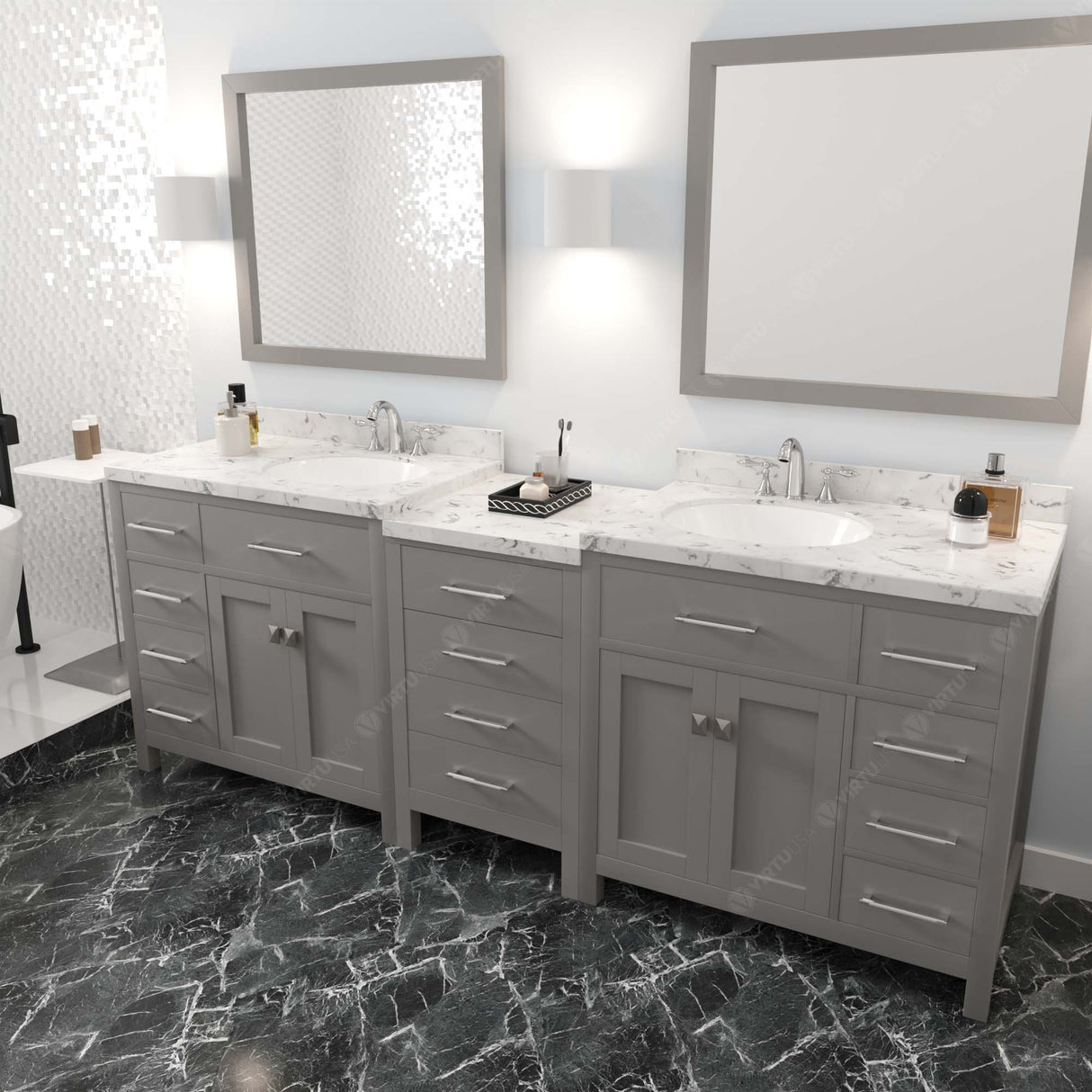 Virtu USA Caroline Parkway 93" Double Bath Vanity with White Quartz Top and Round Sinks with Polished Chrome Faucets with Matching Mirror