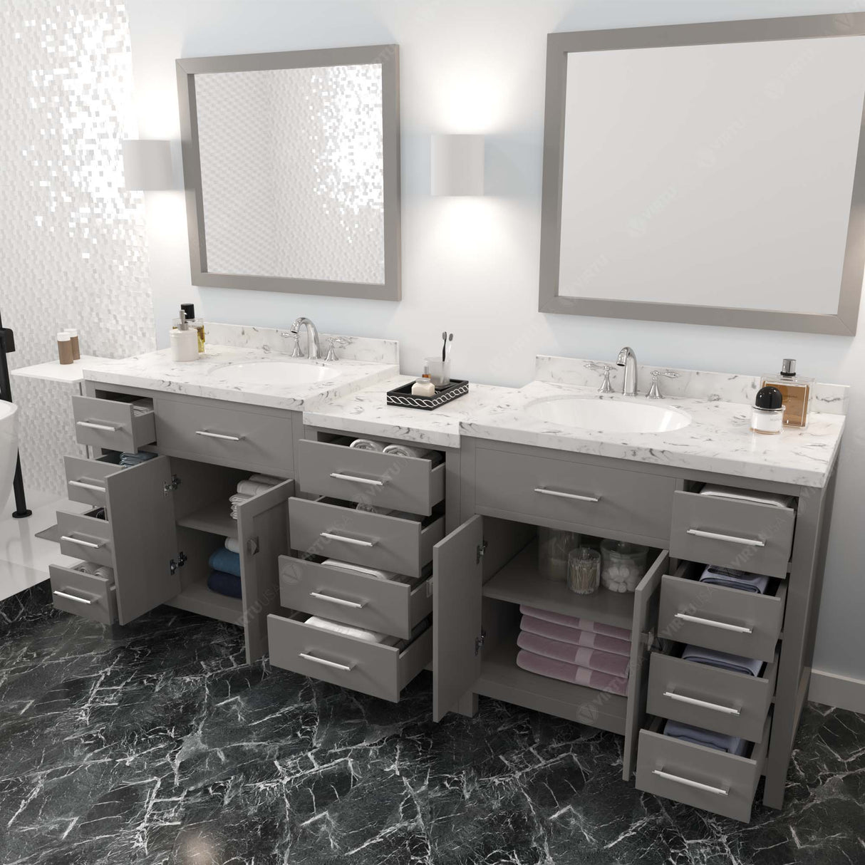 Virtu USA Caroline Parkway 93" Double Bath Vanity with White Quartz Top and Round Sinks with Polished Chrome Faucets with Matching Mirror