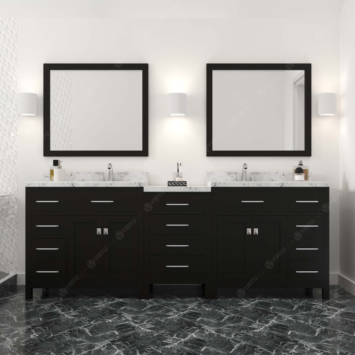 Virtu USA Caroline Parkway 93" Double Bath Vanity with White Quartz Top and Round Sinks with Polished Chrome Faucets with Matching Mirror