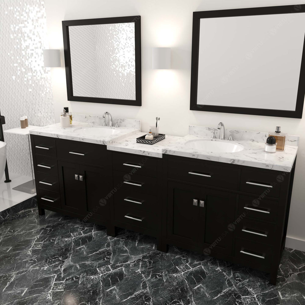 Virtu USA Caroline Parkway 93" Double Bath Vanity with White Quartz Top and Round Sinks with Brushed Nickel Faucets with Matching Mirror