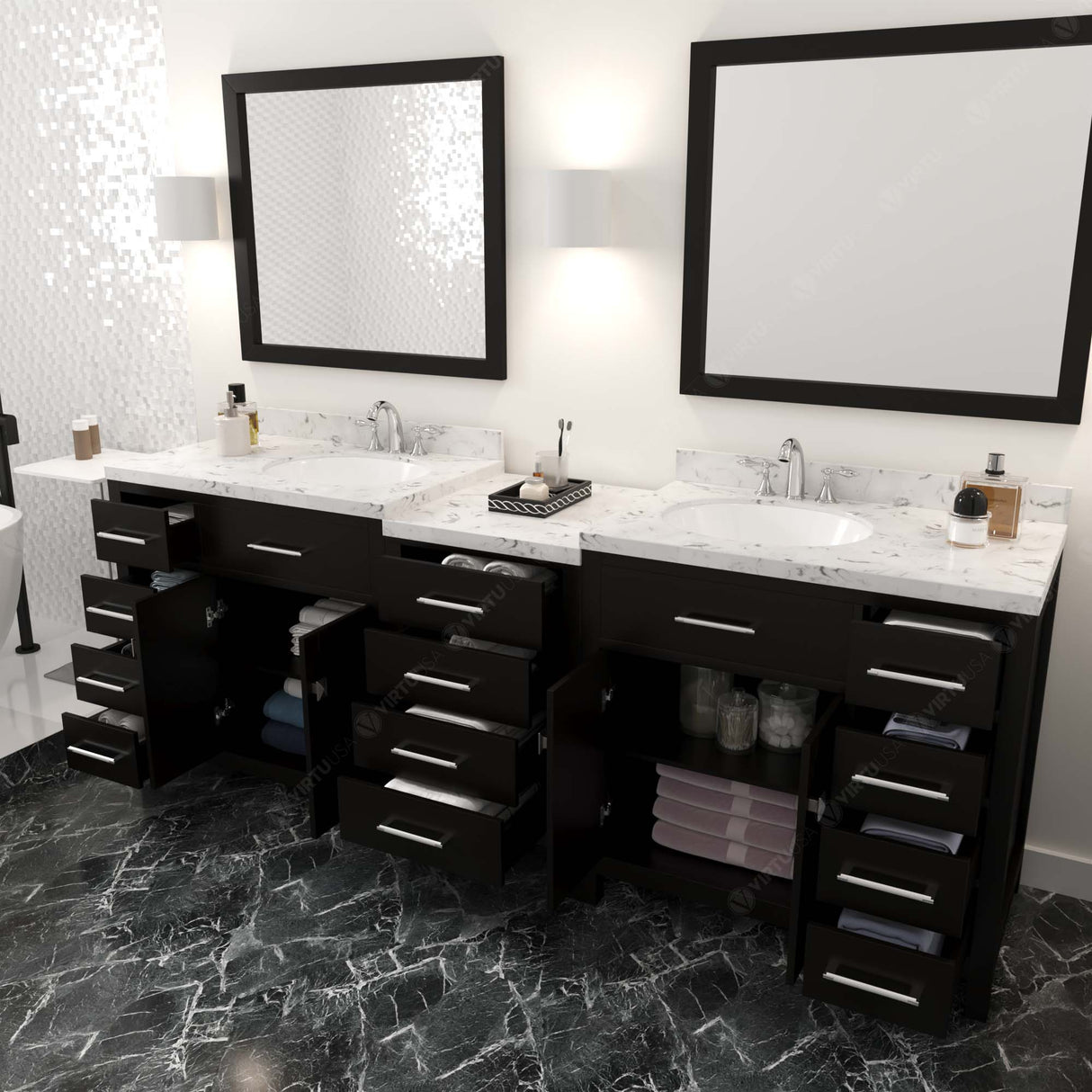 Virtu USA Caroline Parkway 93" Double Bath Vanity with White Quartz Top and Round Sinks with Polished Chrome Faucets with Matching Mirror