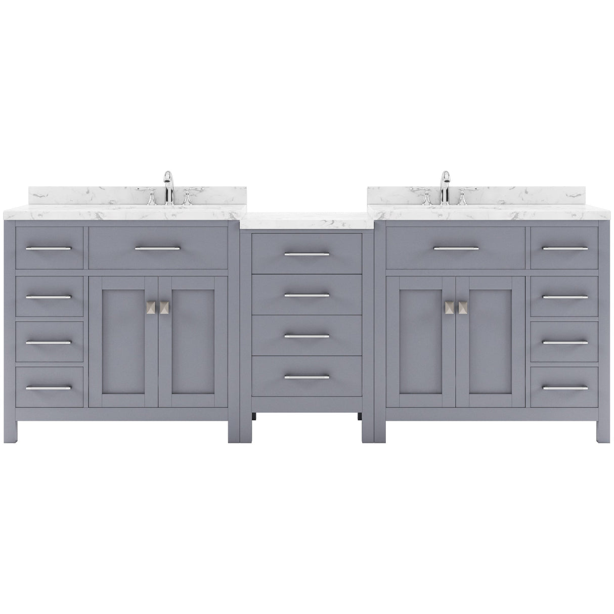 Virtu USA Caroline Parkway 93" Double Bath Vanity with White Quartz Top and Round Sinks with Polished Chrome Faucets with Matching Mirror