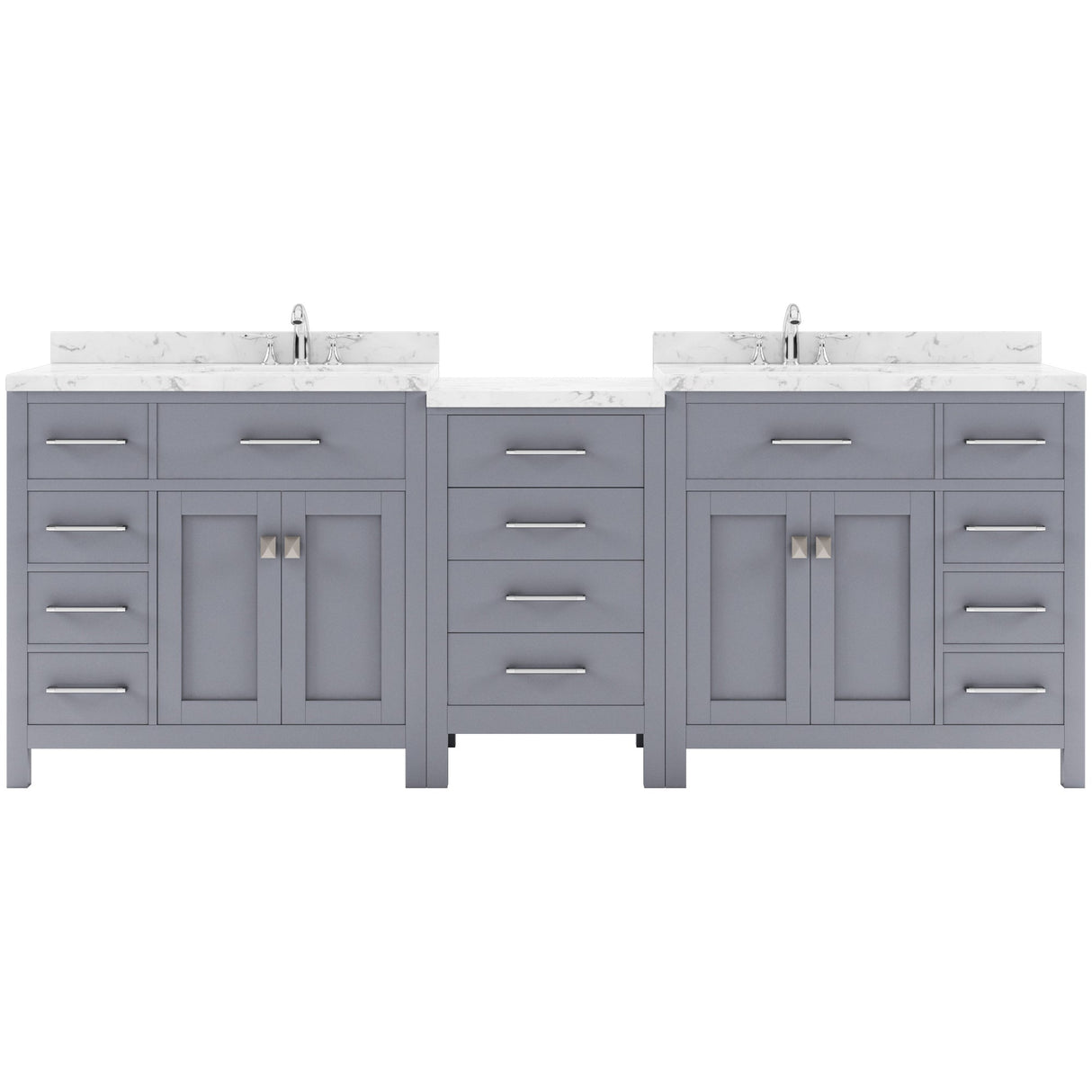Virtu USA Caroline Parkway 93" Double Bath Vanity with White Quartz Top and Round Sinks with Polished Chrome Faucets with Matching Mirror