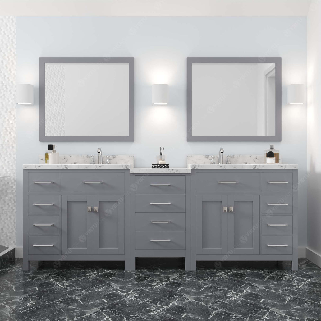 Virtu USA Caroline Parkway 93" Double Bath Vanity with White Quartz Top and Round Sinks with Polished Chrome Faucets with Matching Mirror