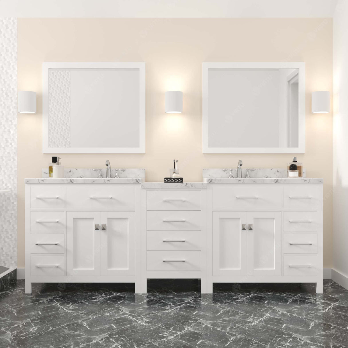 Virtu USA Caroline Parkway 93" Double Bath Vanity with White Quartz Top and Round Sinks with Polished Chrome Faucets with Matching Mirror