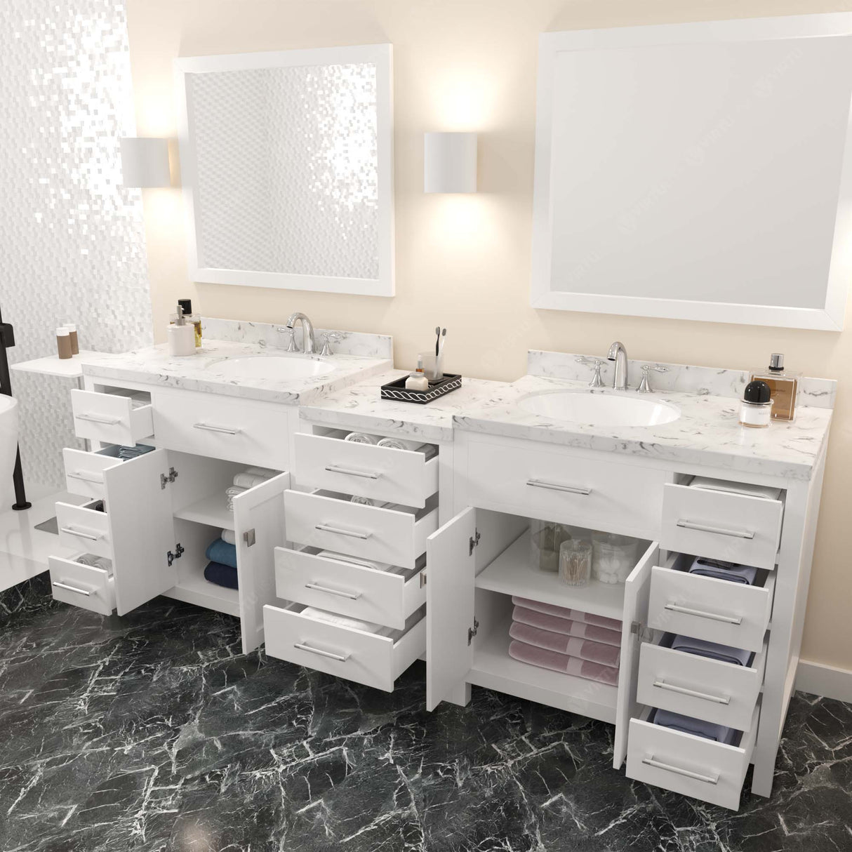 Virtu USA Caroline Parkway 93" Double Bath Vanity with White Quartz Top and Round Sinks with Polished Chrome Faucets with Matching Mirror