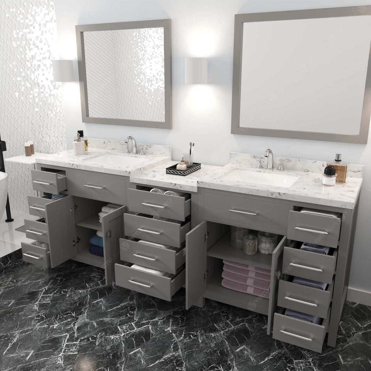 Virtu USA Caroline Parkway 93" Double Bath Vanity with White Quartz Top and Square Sinks with Matching Mirror