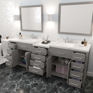 Virtu USA Caroline Parkway 93" Double Bath Vanity with White Quartz Top and Square Sinks with Polished Chrome Faucets with Matching Mirror