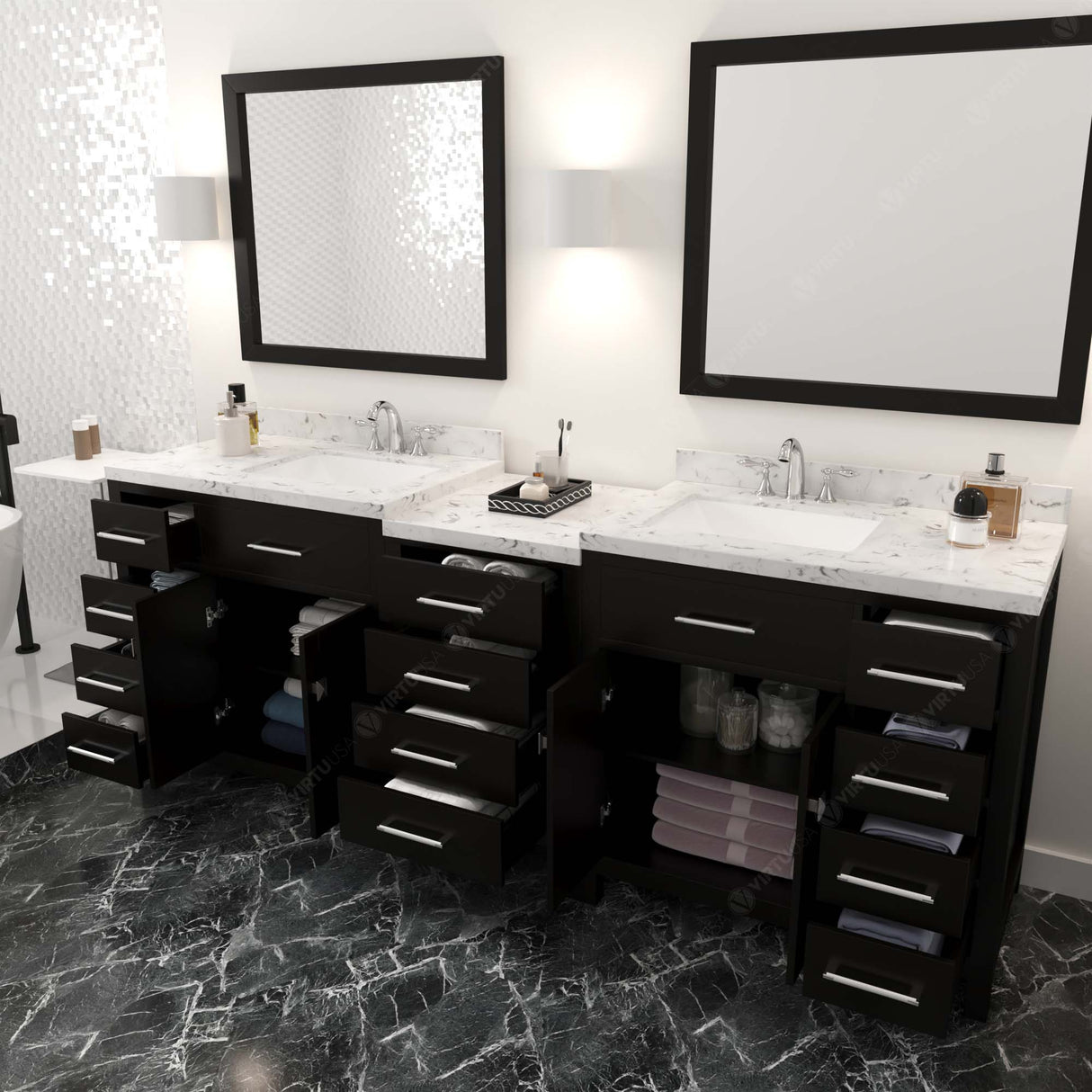 Virtu USA Caroline Parkway 93" Double Bath Vanity with White Quartz Top and Square Sinks with Polished Chrome Faucets with Matching Mirror
