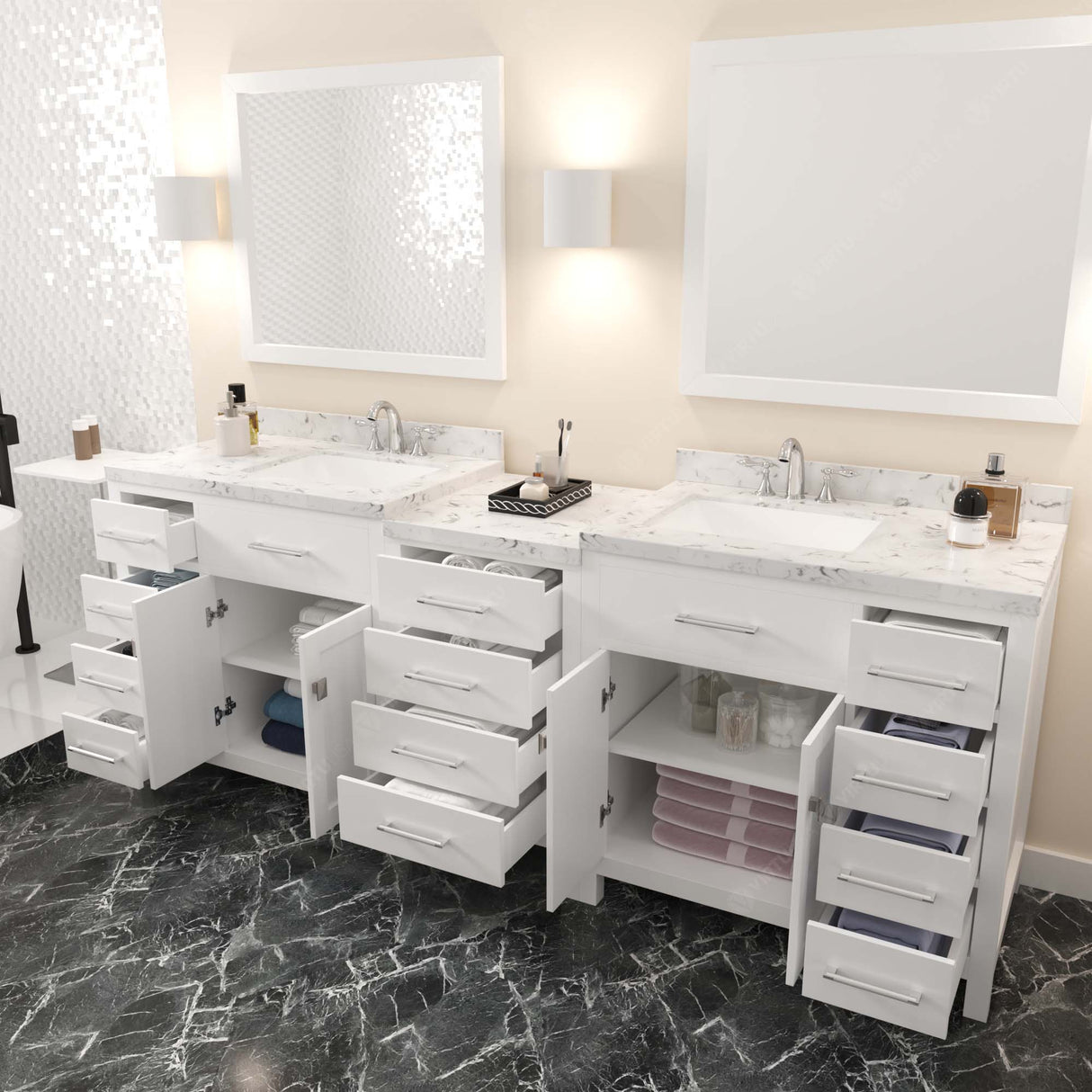 Virtu USA Caroline Parkway 93" Double Bath Vanity with White Quartz Top and Square Sinks with Matching Mirror