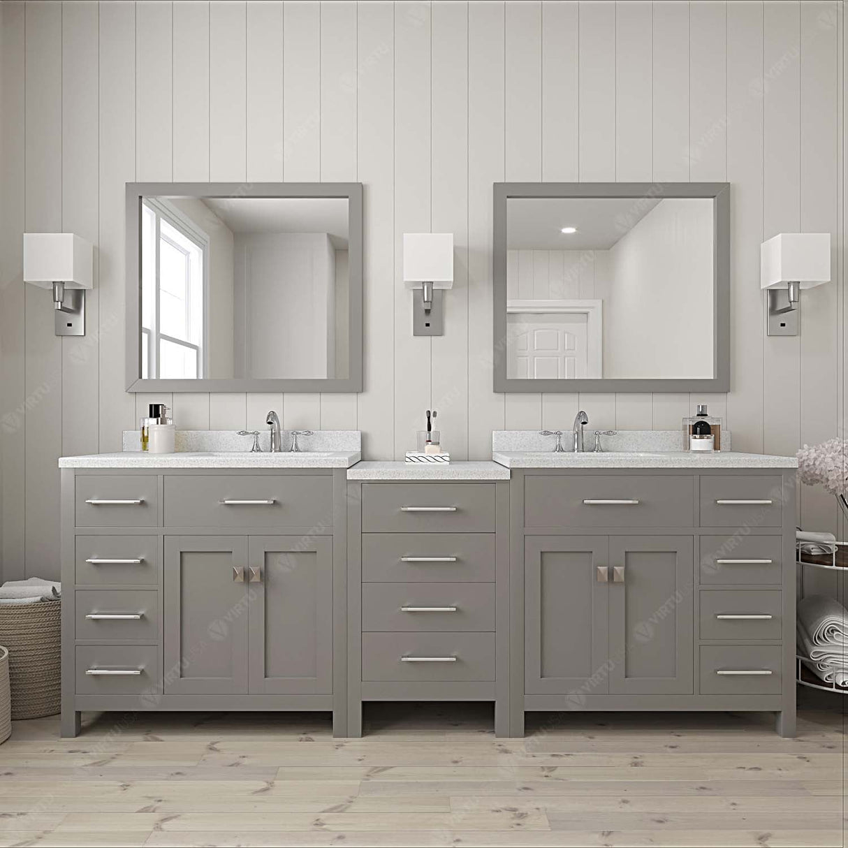 Virtu USA Caroline Parkway 93" Double Bath Vanity with Dazzle White Top and Round Sinks with Matching Mirror