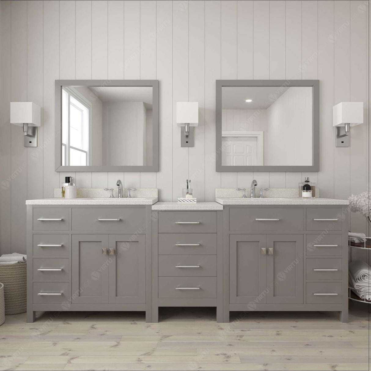 Virtu USA Caroline Parkway 93" Double Bath Vanity with Dazzle White Top and Round Sinks with Brushed Nickel Faucets with Matching Mirror