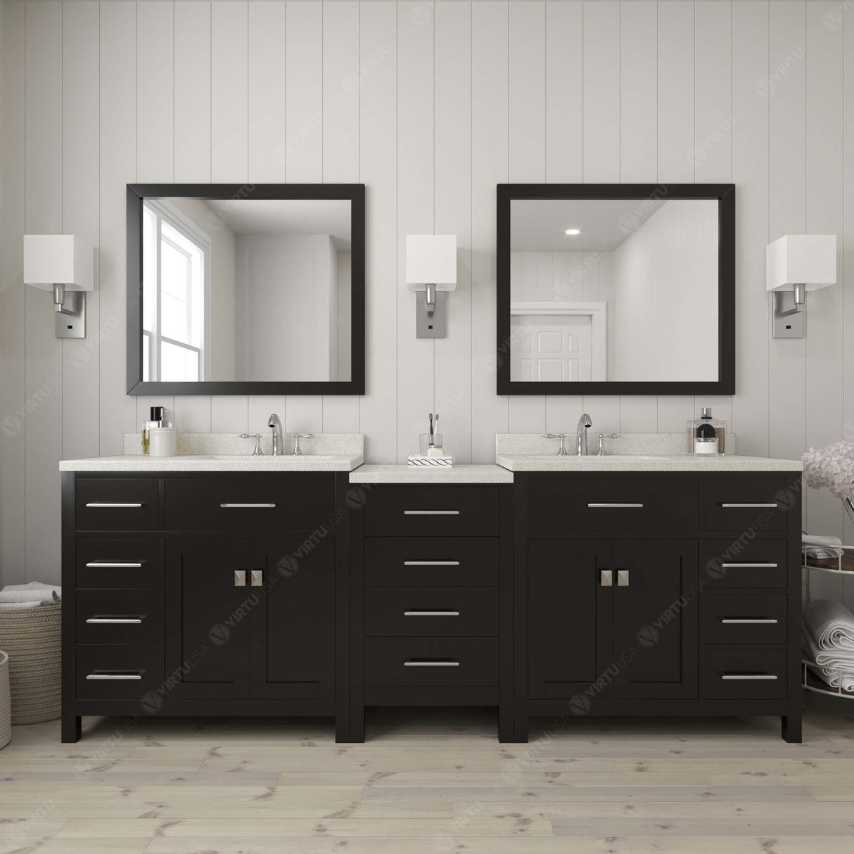 Virtu USA Caroline Parkway 93" Double Bath Vanity with Dazzle White Top and Round Sinks with Matching Mirror