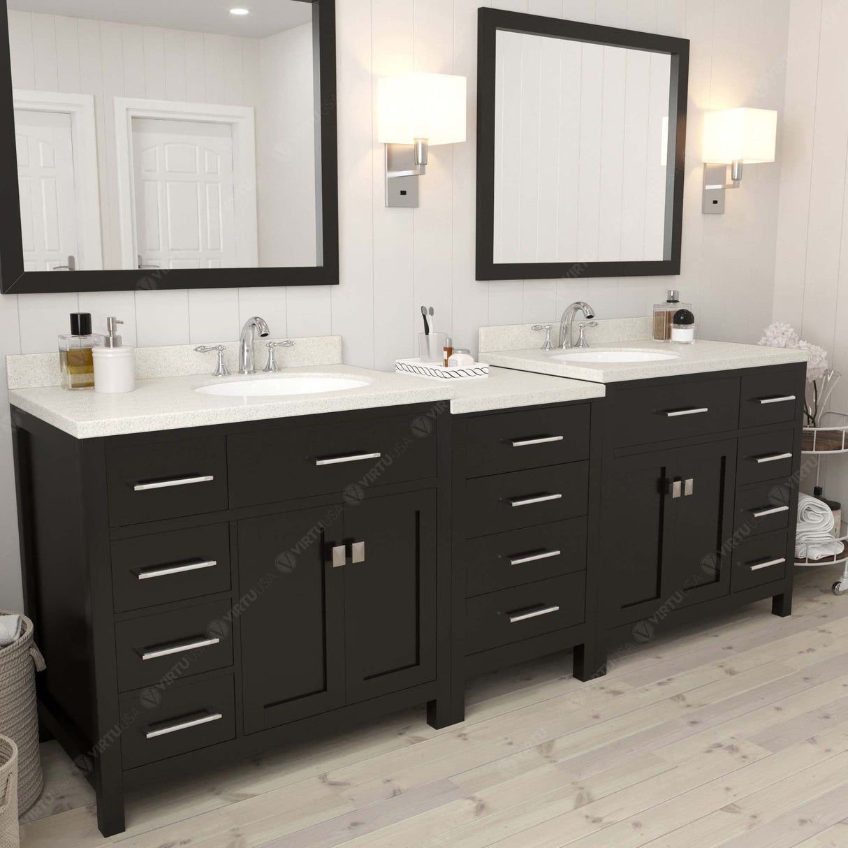 Virtu USA Caroline Parkway 93" Double Bath Vanity with Dazzle White Top and Round Sinks with Matching Mirror