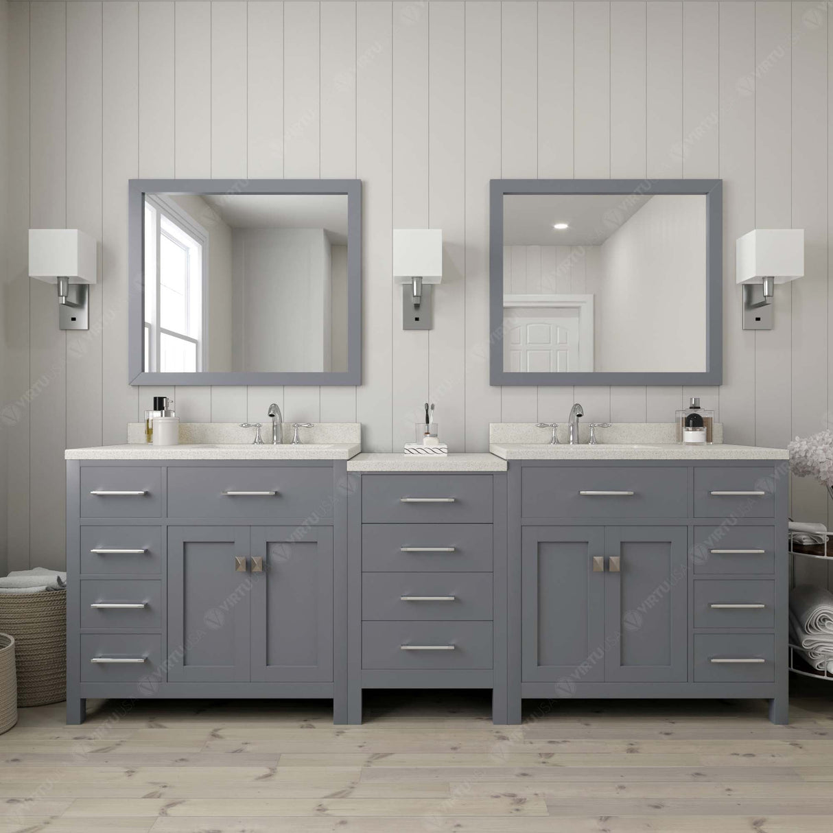 Virtu USA Caroline Parkway 93" Double Bath Vanity with Dazzle White Top and Round Sinks with Matching Mirror