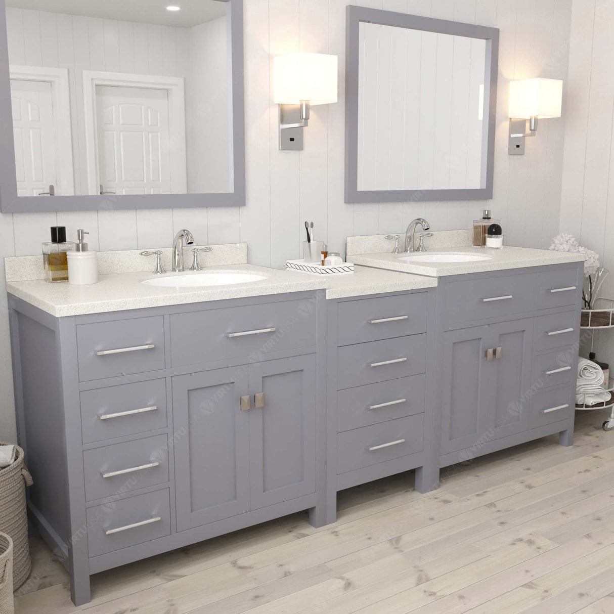 Virtu USA Caroline Parkway 93" Double Bath Vanity with Dazzle White Top and Round Sinks with Matching Mirror