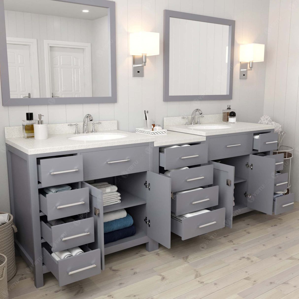 Virtu USA Caroline Parkway 93" Double Bath Vanity with Dazzle White Top and Round Sinks with Matching Mirror