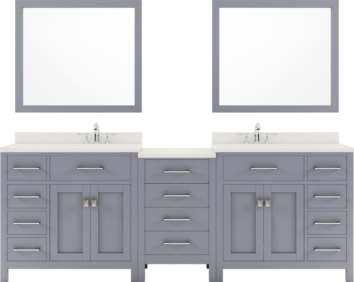 Virtu USA Caroline Parkway 93" Double Bath Vanity with Dazzle White Top and Round Sinks with Polished Chrome Faucets with Matching Mirror