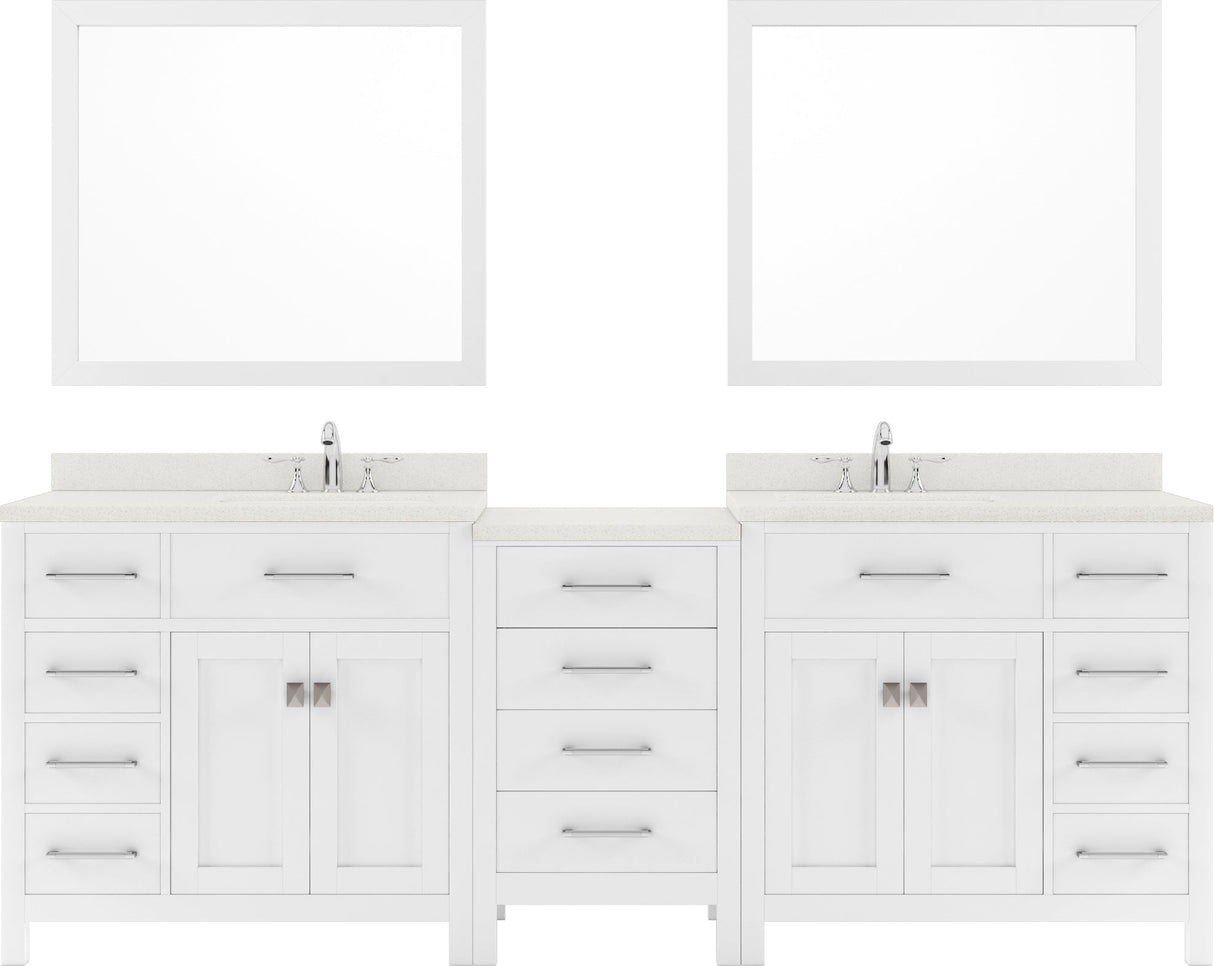Virtu USA Caroline Parkway 93" Double Bath Vanity with Dazzle White Top and Round Sinks with Polished Chrome Faucets with Matching Mirror